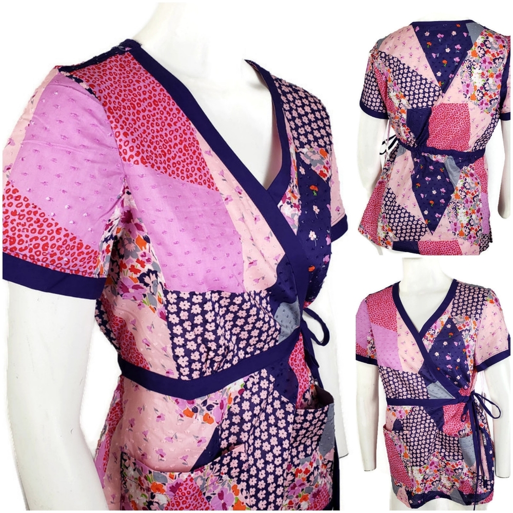 Koi by Kathy Peterson Top Scrub Size S Pink Patchw